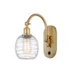 518-1W-SG-G1013 1-Light 6" Satin Gold Sconce - Deco Swirl Belfast Glass - LED Bulb - Dimmensions: 6 x 13 x 12.75 - Glass Up or Down: Yes