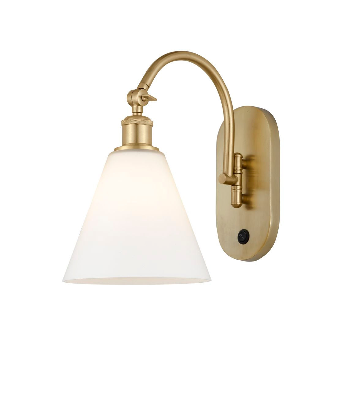 518-1W-SG-GBC-81 1-Light 8" Satin Gold Sconce - Matte White Cased Ballston Cone Glass - LED Bulb - Dimmensions: 8 x 14 x 13.75 - Glass Up or Down: Yes