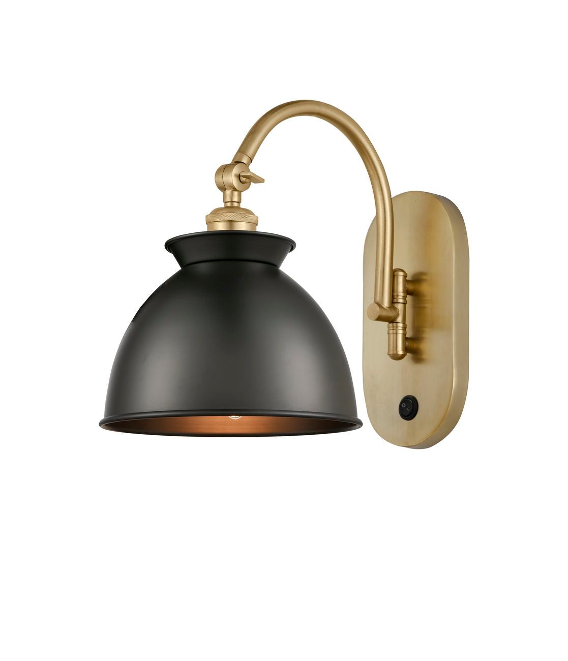 518-1W-SG-M14-BK 1-Light 8.125" Satin Gold Sconce - Matte Black Adirondack Shade - LED Bulb - Dimmensions: 8.125 x 14.125 x 12.25 - Glass Up or Down: Yes