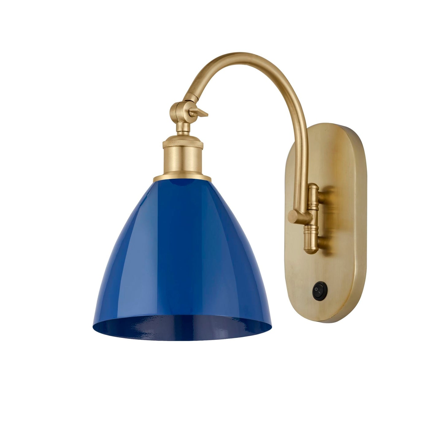 518-1W-SG-MBD-75-BL 1-Light 7.5" Satin Gold Sconce - Blue Plymouth Dome Shade - LED Bulb - Dimmensions: 7.5 x 13.75 x 13.25 - Glass Up or Down: Yes