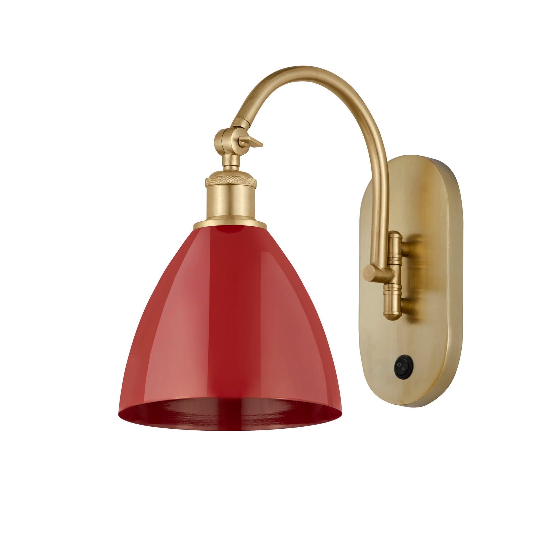 518-1W-SG-MBD-75-RD 1-Light 7.5" Satin Gold Sconce - Red Plymouth Dome Shade - LED Bulb - Dimmensions: 7.5 x 13.75 x 13.25 - Glass Up or Down: Yes