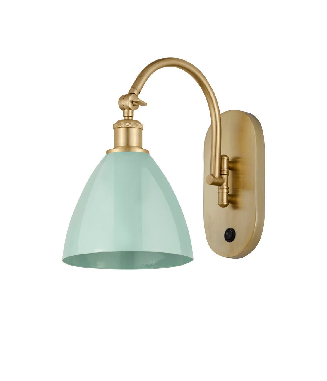 518-1W-SG-MBD-75-SF 1-Light 7.5" Satin Gold Sconce - Seafoam Plymouth Dome Shade - LED Bulb - Dimmensions: 7.5 x 13.75 x 13.25 - Glass Up or Down: Yes
