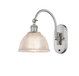 518-1W-SN-G422 1-Light 8" Brushed Satin Nickel Sconce - Clear Arietta Glass - LED Bulb - Dimmensions: 8 x 14 x 11.75 - Glass Up or Down: Yes