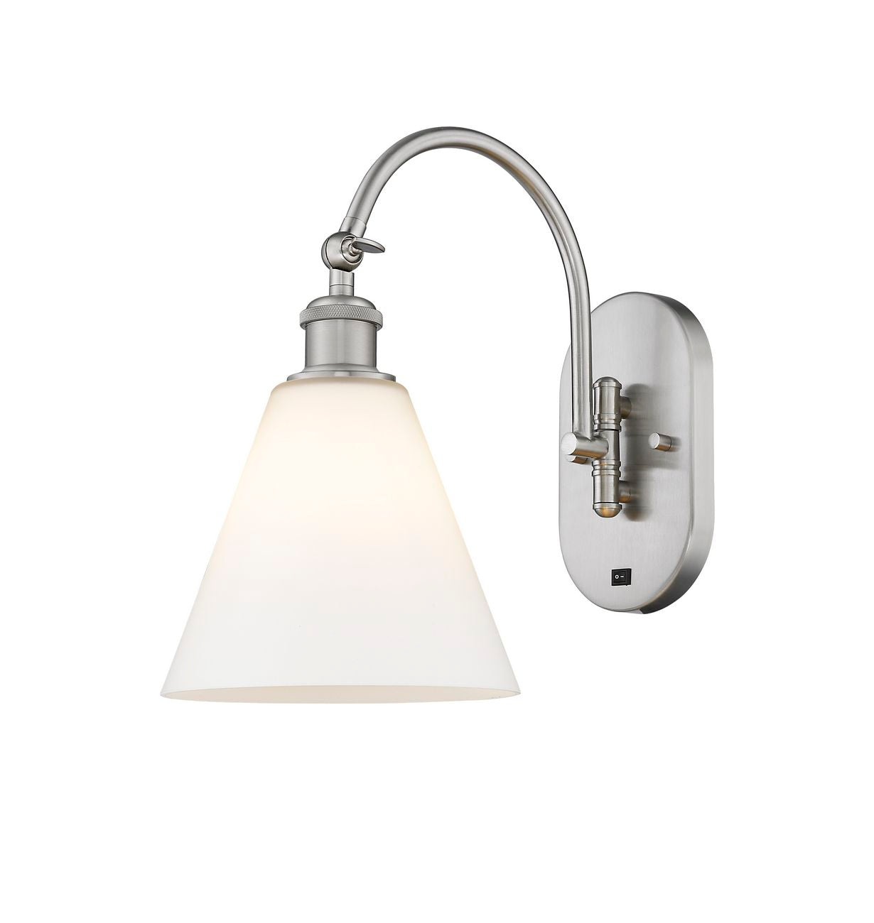 518-1W-SN-GBC-81 1-Light 8" Brushed Satin Nickel Sconce - Matte White Cased Ballston Cone Glass - LED Bulb - Dimmensions: 8 x 14 x 13.75 - Glass Up or Down: Yes