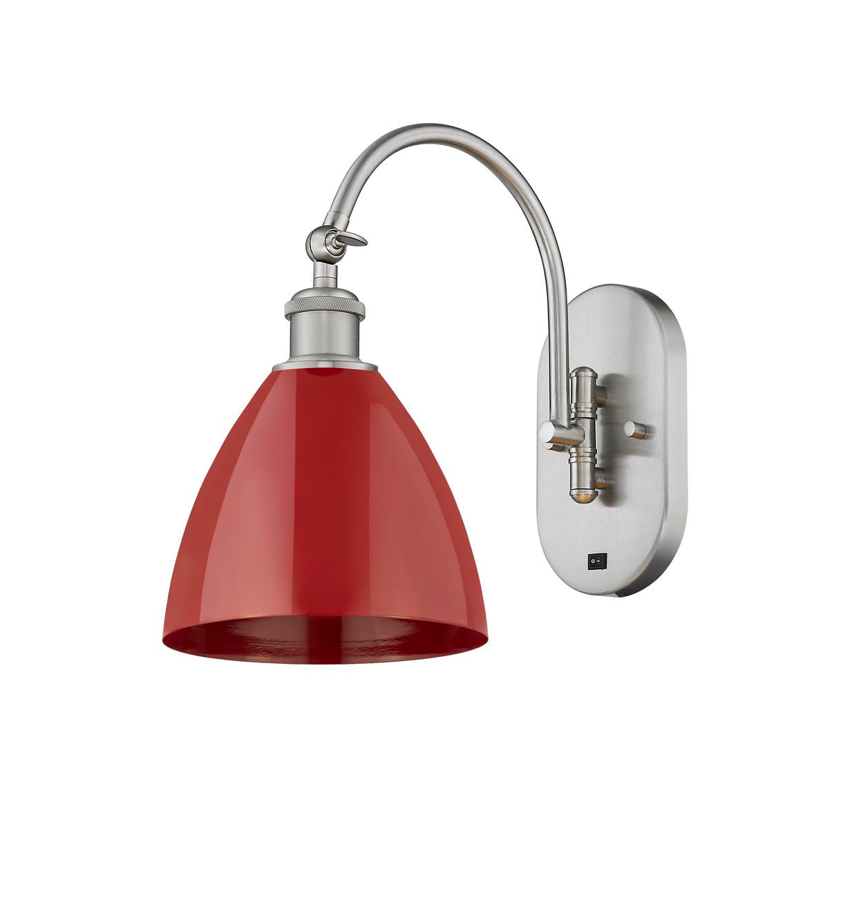 518-1W-SN-MBD-75-RD 1-Light 7.5" Brushed Satin Nickel Sconce - Red Plymouth Dome Shade - LED Bulb - Dimmensions: 7.5 x 13.75 x 13.25 - Glass Up or Down: Yes