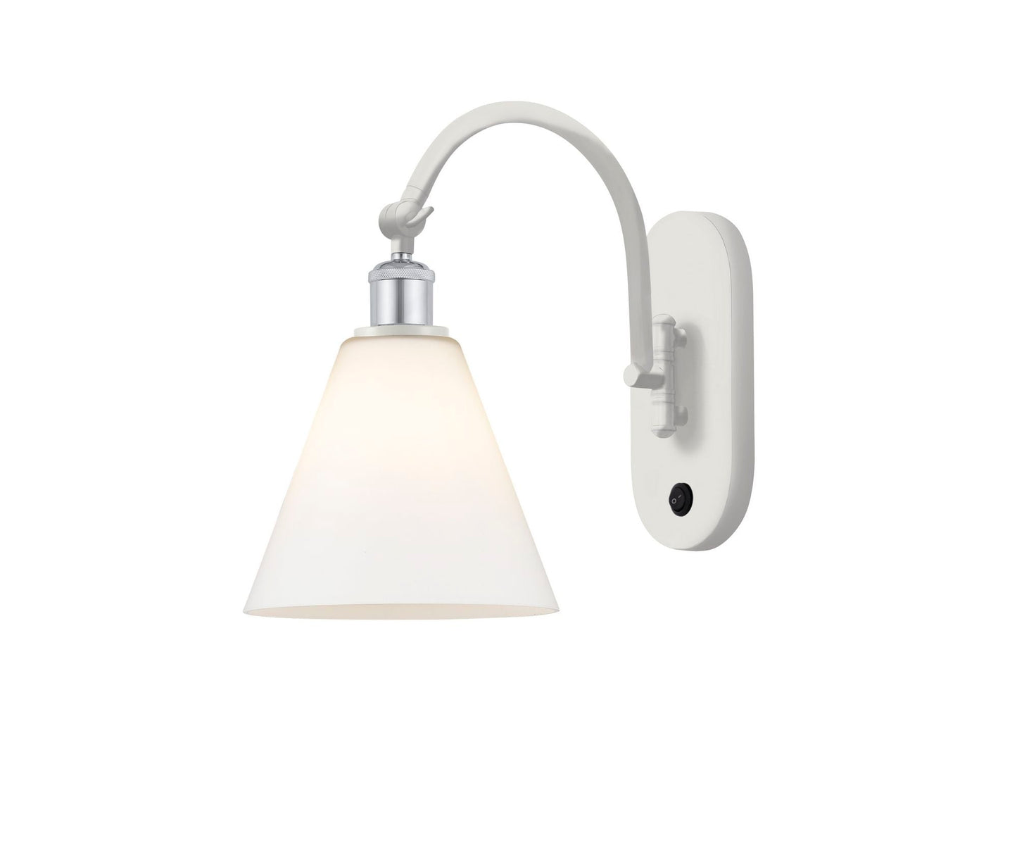 518-1W-WPC-GBC-81 1-Light 8" White and Polished Chrome Sconce - Matte White Cased Ballston Cone Glass - LED Bulb - Dimmensions: 8 x 14 x 13.75 - Glass Up or Down: Yes