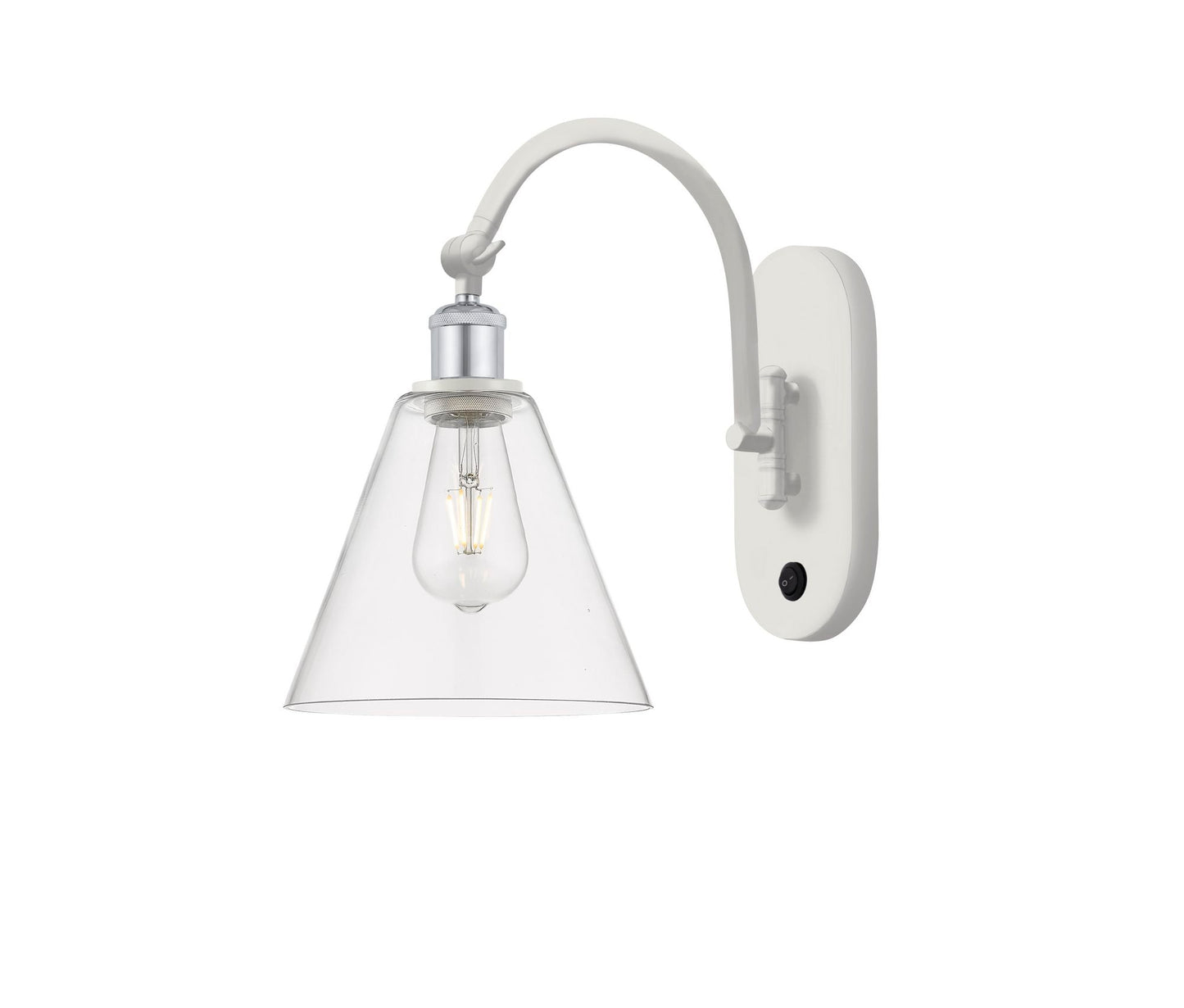 518-1W-WPC-GBC-82 1-Light 8" White and Polished Chrome Sconce - Clear Ballston Cone Glass - LED Bulb - Dimmensions: 8 x 14 x 13.75 - Glass Up or Down: Yes