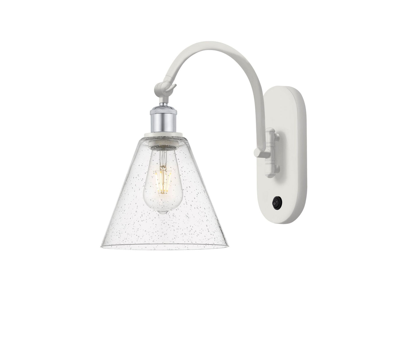 518-1W-WPC-GBC-84 1-Light 8" White and Polished Chrome Sconce - Seedy Ballston Cone Glass - LED Bulb - Dimmensions: 8 x 14 x 13.75 - Glass Up or Down: Yes
