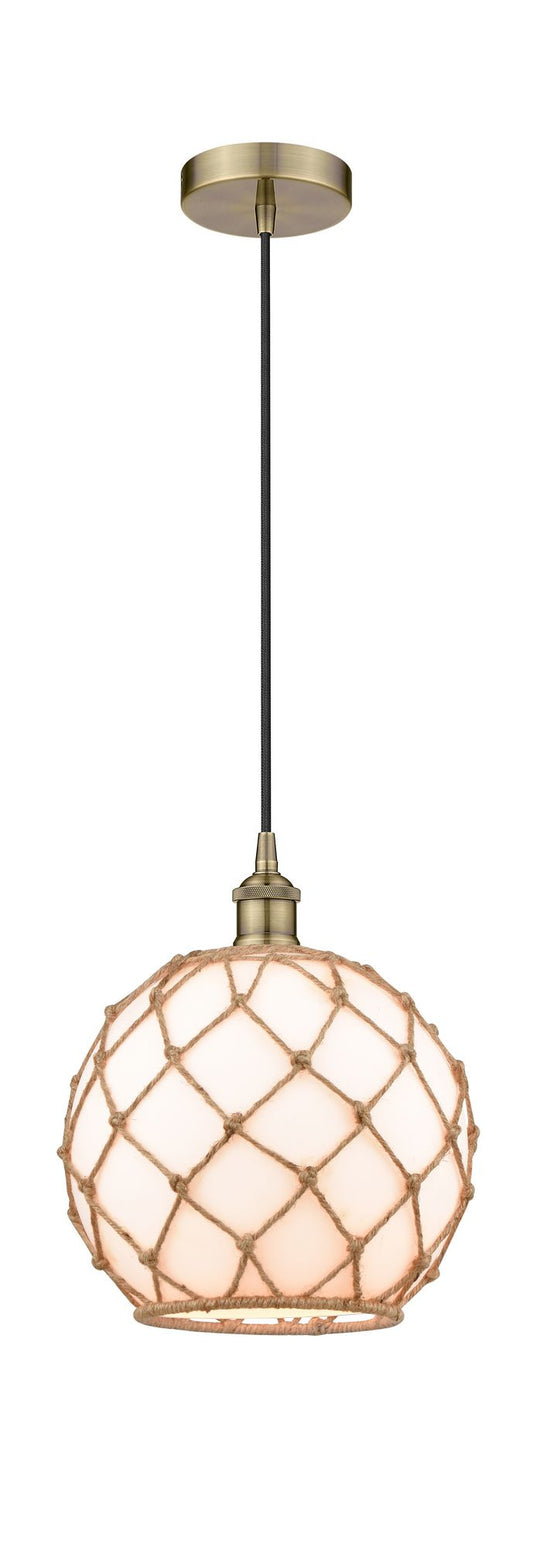 Cord Hung 10" Antique Brass Mini Pendant - White Large Farmhouse Glass with Brown Rope Glass LED