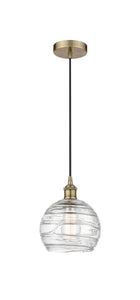 Cord Hung 8" Antique Brass Mini Pendant - Clear Athens Deco Swirl 8" Glass LED
