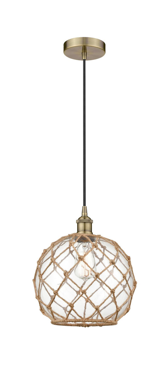 Cord Hung 10" Antique Brass Mini Pendant - Clear Large Farmhouse Glass with Brown Rope Glass LED