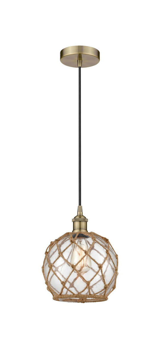 Cord Hung 8" Antique Brass Mini Pendant - Clear Farmhouse Glass with Brown Rope Glass LED