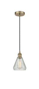 Cord Hung 6" Conesus Mini Pendant - Cone Clear Crackle Glass - Choice of Finish And Incandesent Or LED Bulbs