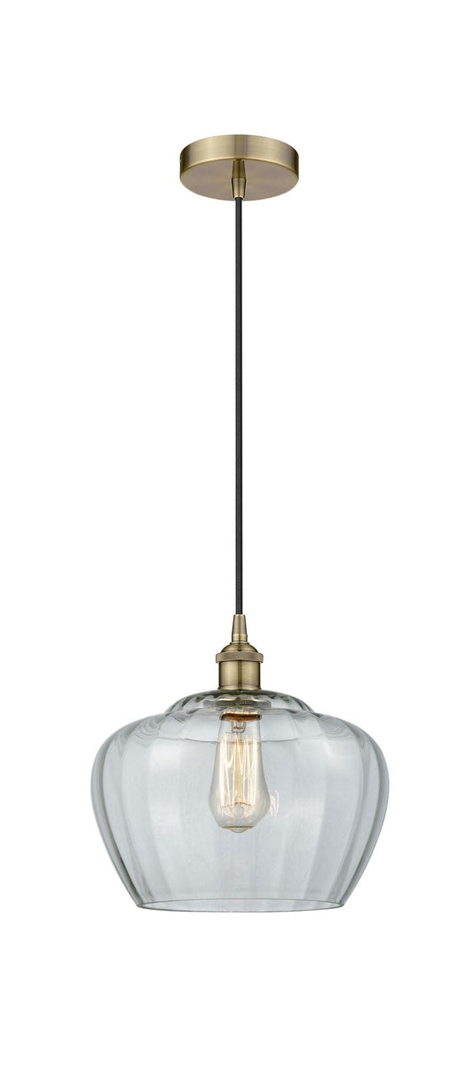 616-1P-AB-G92-L Cord Hung 11" Antique Brass Mini Pendant - Large Clear Fenton Glass - LED Bulb - Dimmensions: 11 x 11 x 11<br>Minimum Height : 14.5<br>Maximum Height : 132.5 - Sloped Ceiling Compatible: Yes
