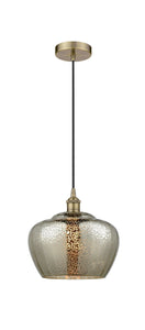 616-1P-AB-G96-L Cord Hung 11" Antique Brass Mini Pendant - Large Mercury Fenton Glass - LED Bulb - Dimmensions: 11 x 11 x 11<br>Minimum Height : 14.5<br>Maximum Height : 132.5 - Sloped Ceiling Compatible: Yes