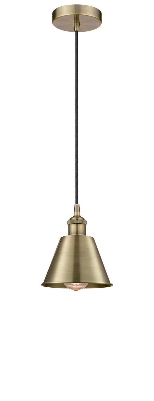 616-1P-AB-M8 Cord Hung 7" Antique Brass Mini Pendant - Antique Brass Smithfield Shade - LED Bulb - Dimmensions: 7 x 7 x 7.5<br>Minimum Height : 12.75<br>Maximum Height : 130.75 - Sloped Ceiling Compatible: Yes