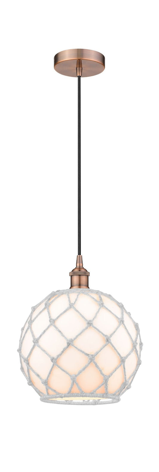 Cord Hung 10" Antique Copper Mini Pendant - White Large Farmhouse Glass with White Rope Glass LED