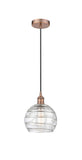 616-1P-AC-G1213-8 Cord Hung 8" Antique Copper Mini Pendant - Clear Athens Deco Swirl 8" Glass - LED Bulb - Dimmensions: 8 x 8 x 10<br>Minimum Height : 13.75<br>Maximum Height : 131.75 - Sloped Ceiling Compatible: Yes