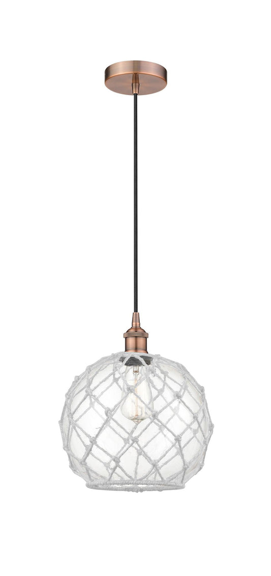 Cord Hung 10" Antique Copper Mini Pendant - Clear Large Farmhouse Glass with White Rope Glass LED