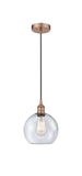 616-1P-AC-G124-8 Cord Hung 8" Antique Copper Mini Pendant - Seedy Athens Glass - LED Bulb - Dimmensions: 8 x 8 x 10<br>Minimum Height : 13.75<br>Maximum Height : 131.75 - Sloped Ceiling Compatible: Yes
