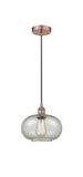 616-1P-AC-G249 Cord Hung 9.5" Antique Copper Mini Pendant - Mica Gorham Glass - LED Bulb - Dimmensions: 9.5 x 9.5 x 11<br>Minimum Height : 13.75<br>Maximum Height : 131.75 - Sloped Ceiling Compatible: Yes