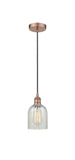 616-1P-AC-G2511 Cord Hung 5" Antique Copper Mini Pendant - Mouchette Caledonia Glass - LED Bulb - Dimmensions: 5 x 5 x 10<br>Minimum Height : 12.75<br>Maximum Height : 130.75 - Sloped Ceiling Compatible: Yes