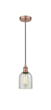 616-1P-AC-G259 Cord Hung 5" Antique Copper Mini Pendant - Mica Caledonia Glass - LED Bulb - Dimmensions: 5 x 5 x 10<br>Minimum Height : 12.75<br>Maximum Height : 130.75 - Sloped Ceiling Compatible: Yes