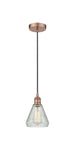 616-1P-AC-G275 Cord Hung 6" Antique Copper Mini Pendant - Clear Crackle Conesus Glass - LED Bulb - Dimmensions: 6 x 6 x 10<br>Minimum Height : 13.75<br>Maximum Height : 131.75 - Sloped Ceiling Compatible: Yes