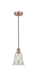616-1P-AC-G2811 Cord Hung 6.25" Antique Copper Mini Pendant - Mouchette Hanover Glass - LED Bulb - Dimmensions: 6.25 x 6.25 x 12<br>Minimum Height : 14.75<br>Maximum Height : 132.75 - Sloped Ceiling Compatible: Yes