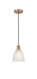 616-1P-AC-G381 Cord Hung 6" Antique Copper Mini Pendant - White Castile Glass - LED Bulb - Dimmensions: 6 x 6 x 9<br>Minimum Height : 12.75<br>Maximum Height : 130.75 - Sloped Ceiling Compatible: Yes