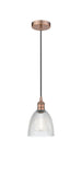 616-1P-AC-G382 Cord Hung 6" Antique Copper Mini Pendant - Clear Castile Glass - LED Bulb - Dimmensions: 6 x 6 x 9<br>Minimum Height : 12.75<br>Maximum Height : 130.75 - Sloped Ceiling Compatible: Yes