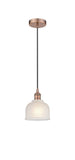 616-1P-AC-G411 Cord Hung 5.5" Antique Copper Mini Pendant - White Dayton Glass - LED Bulb - Dimmensions: 5.5 x 5.5 x 8.5<br>Minimum Height : 12.75<br>Maximum Height : 130.75 - Sloped Ceiling Compatible: Yes