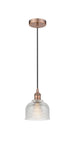 616-1P-AC-G412 Cord Hung 5.5" Antique Copper Mini Pendant - Clear Dayton Glass - LED Bulb - Dimmensions: 5.5 x 5.5 x 8.5<br>Minimum Height : 12.75<br>Maximum Height : 130.75 - Sloped Ceiling Compatible: Yes