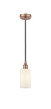 616-1P-AC-G801 Cord Hung 3.875" Antique Copper Mini Pendant - Matte White Clymer Glass - LED Bulb - Dimmensions: 3.875 x 3.875 x 10<br>Minimum Height : 12.75<br>Maximum Height : 130.75 - Sloped Ceiling Compatible: Yes