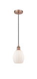 616-1P-AC-G81 Cord Hung 6" Antique Copper Mini Pendant - Matte White Eaton Glass - LED Bulb - Dimmensions: 6 x 6 x 9.5<br>Minimum Height : 13.75<br>Maximum Height : 131.75 - Sloped Ceiling Compatible: Yes