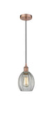 616-1P-AC-G82 Cord Hung 6" Antique Copper Mini Pendant - Clear Eaton Glass - LED Bulb - Dimmensions: 6 x 6 x 9.5<br>Minimum Height : 13.75<br>Maximum Height : 131.75 - Sloped Ceiling Compatible: Yes