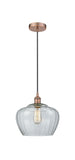 616-1P-AC-G92-L Cord Hung 11" Antique Copper Mini Pendant - Large Clear Fenton Glass - LED Bulb - Dimmensions: 11 x 11 x 11<br>Minimum Height : 14.5<br>Maximum Height : 132.5 - Sloped Ceiling Compatible: Yes