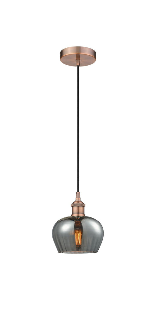 Cord Hung 6.5" Antique Copper Mini Pendant - Plated Smoke Fenton Glass LED
