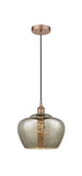 616-1P-AC-G96-L Cord Hung 11" Antique Copper Mini Pendant - Large Mercury Fenton Glass - LED Bulb - Dimmensions: 11 x 11 x 11<br>Minimum Height : 14.5<br>Maximum Height : 132.5 - Sloped Ceiling Compatible: Yes