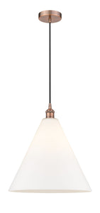 1-Light 16" Antique Copper Pendant - Matte White Cased Edison Cone Glass LED