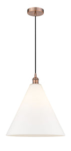 1-Light 16" Antique Copper Pendant - Matte White Cased Edison Cone Glass LED