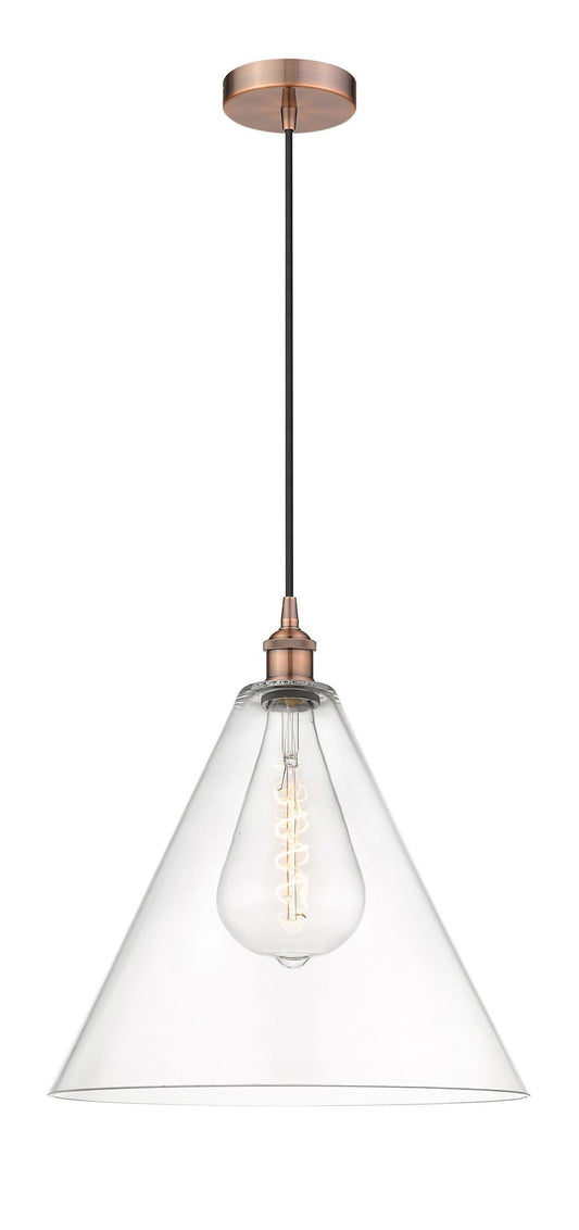 1-Light 16" Antique Copper Pendant - Cased Matte White Edison Cone Glass LED