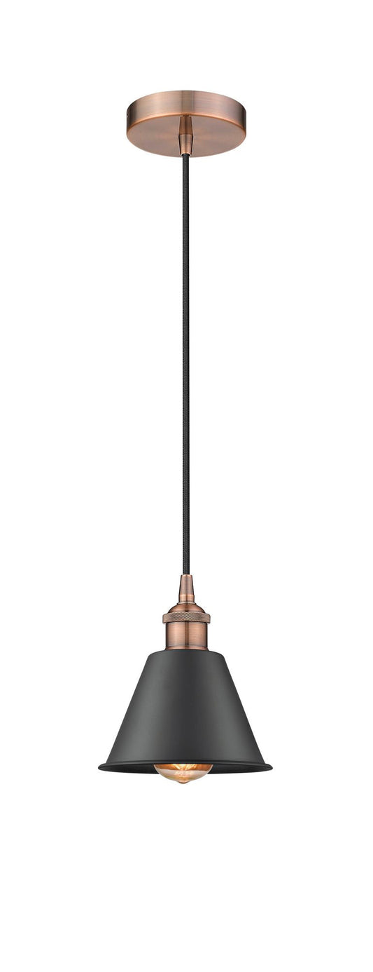 616-1P-AC-M8-BK Cord Hung 7" Antique Copper Mini Pendant - Matte Black Smithfield Shade - LED Bulb - Dimmensions: 7 x 7 x 7.5<br>Minimum Height : 12.75<br>Maximum Height : 130.75 - Sloped Ceiling Compatible: Yes