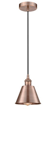 616-1P-AC-M8 Cord Hung 7" Antique Copper Mini Pendant - Matte Black Smithfield Shade - LED Bulb - Dimmensions: 7 x 7 x 7.5<br>Minimum Height : 12.75<br>Maximum Height : 130.75 - Sloped Ceiling Compatible: Yes