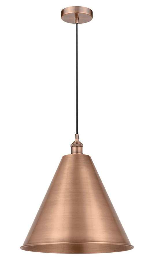 616-1P-AC-MBC-16-AC Cord Hung 16" Antique Copper Mini Pendant - Matte Black Edison Cone Shade - LED Bulb - Dimmensions: 16 x 16 x 18.75<br>Minimum Height : 21.75<br>Maximum Height : 138.75 - Sloped Ceiling Compatible: Yes