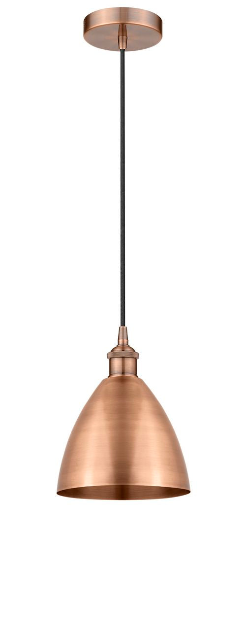 616-1P-AC-MBD-75-AC Cord Hung 7.5" Antique Copper Mini Pendant - Matte Black Edison Dome Shade - LED Bulb - Dimmensions: 7.5 x 7.5 x 11.25<br>Minimum Height : 14.25<br>Maximum Height : 131.25 - Sloped Ceiling Compatible: Yes