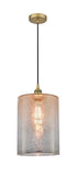 616-1P-BB-G116-L Cord Hung 9" Brushed Brass Mini Pendant - Mercury Large Cobbleskill Glass - LED Bulb - Dimmensions: 9 x 9 x 14<br>Minimum Height : 18.75<br>Maximum Height : 136.75 - Sloped Ceiling Compatible: Yes