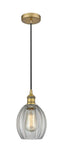616-1P-BB-G82 Cord Hung 6" Brushed Brass Mini Pendant - Clear Eaton Glass - LED Bulb - Dimmensions: 6 x 6 x 9.5<br>Minimum Height : 13.75<br>Maximum Height : 131.75 - Sloped Ceiling Compatible: Yes