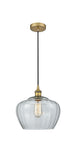 616-1P-BB-G92-L Cord Hung 11" Brushed Brass Mini Pendant - Large Clear Fenton Glass - LED Bulb - Dimmensions: 11 x 11 x 11<br>Minimum Height : 14.5<br>Maximum Height : 132.5 - Sloped Ceiling Compatible: Yes