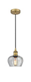 616-1P-BB-G92 Cord Hung 6.5" Brushed Brass Mini Pendant - Clear Fenton Glass - LED Bulb - Dimmensions: 6.5 x 6.5 x 7.5<br>Minimum Height : 11.25<br>Maximum Height : 129.25 - Sloped Ceiling Compatible: Yes
